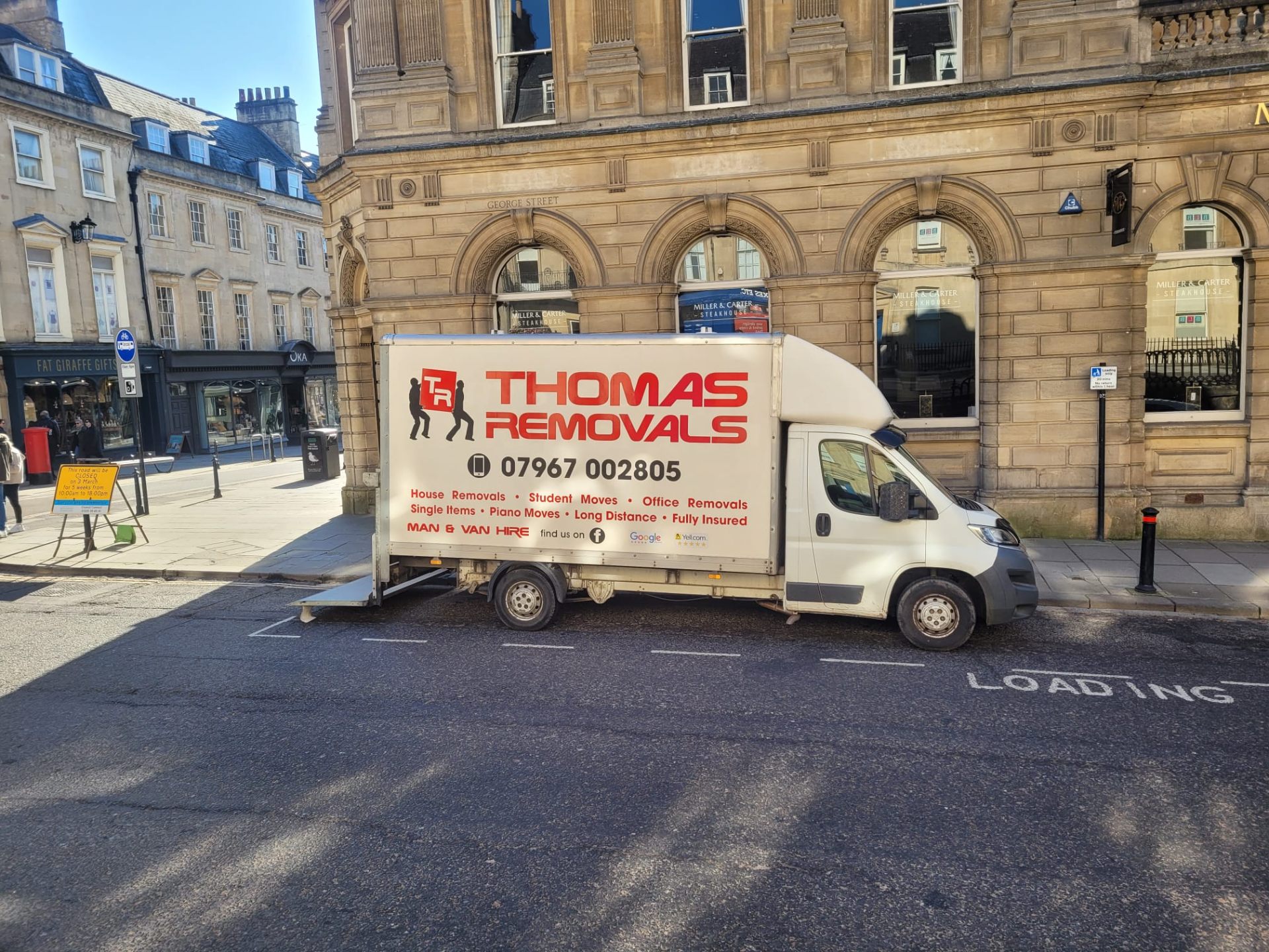 Thomas Removals van in Bath city centre completing a long-distance house removal from Wales